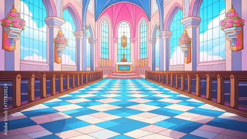 cartoon illustration of Cathedral Church view inside. © chesleatsz