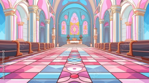 cartoon illustration of Cathedral Church view inside. © chesleatsz