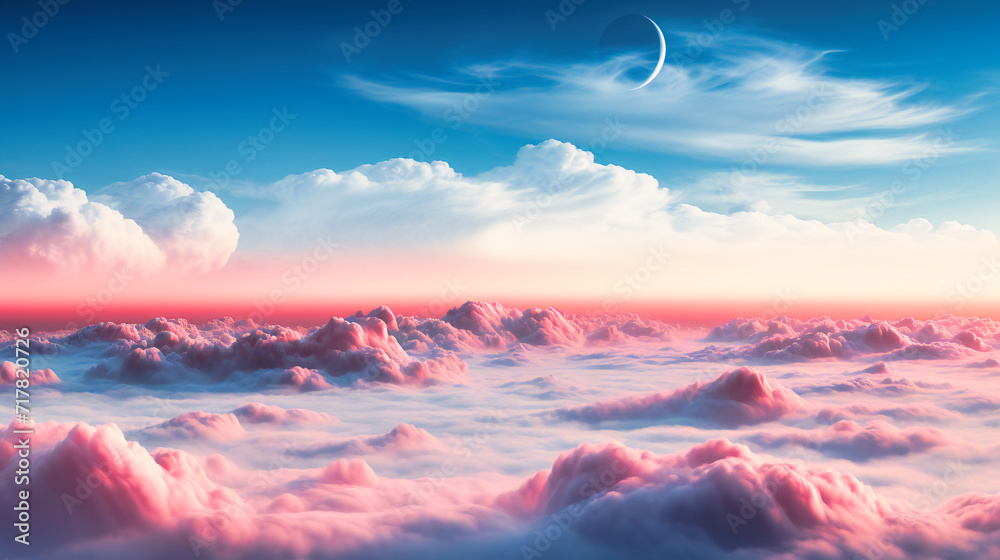 Dreamy Sky with Blue Tones and Clouds, Background of Natures Beauty, Peaceful Sunset or Sunrise View