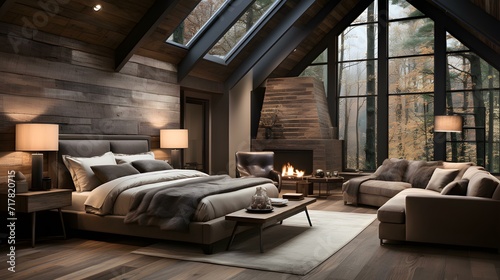  Bedroom with Blend of modern simplicity with rustic charm, featuring reclaimed wood, clean lines, and a warm color palette for a cozy retreat, © Ankit