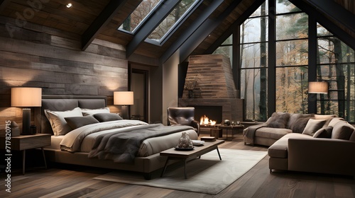  Bedroom with Blend of modern simplicity with rustic charm, featuring reclaimed wood, clean lines, and a warm color palette for a cozy retreat,