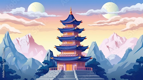 cartoon illustration of Chinese pagoda on a mountain.