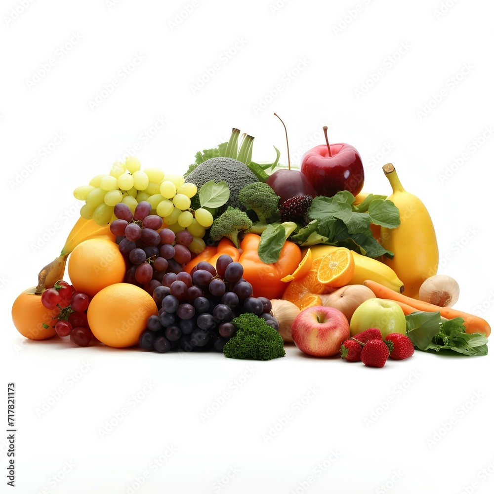 Fresh fruit and vegetables on white background, greengrocery. Photo generated with AI for banners , typography and design. Summer harvest