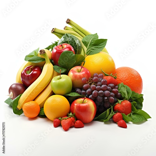 Fresh fruit and vegetables on white background  greengrocery. Photo generated with AI for banners   typography and design. Summer harvest