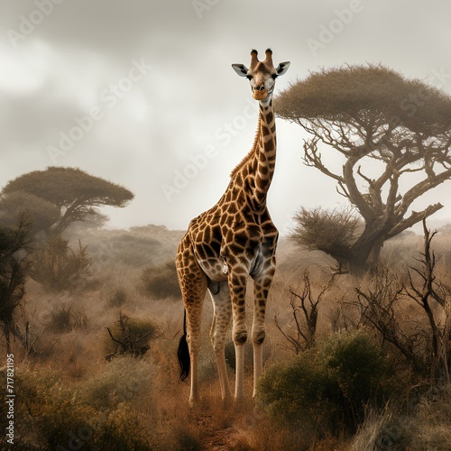 Girafe in savanna   African animal. AI generation
