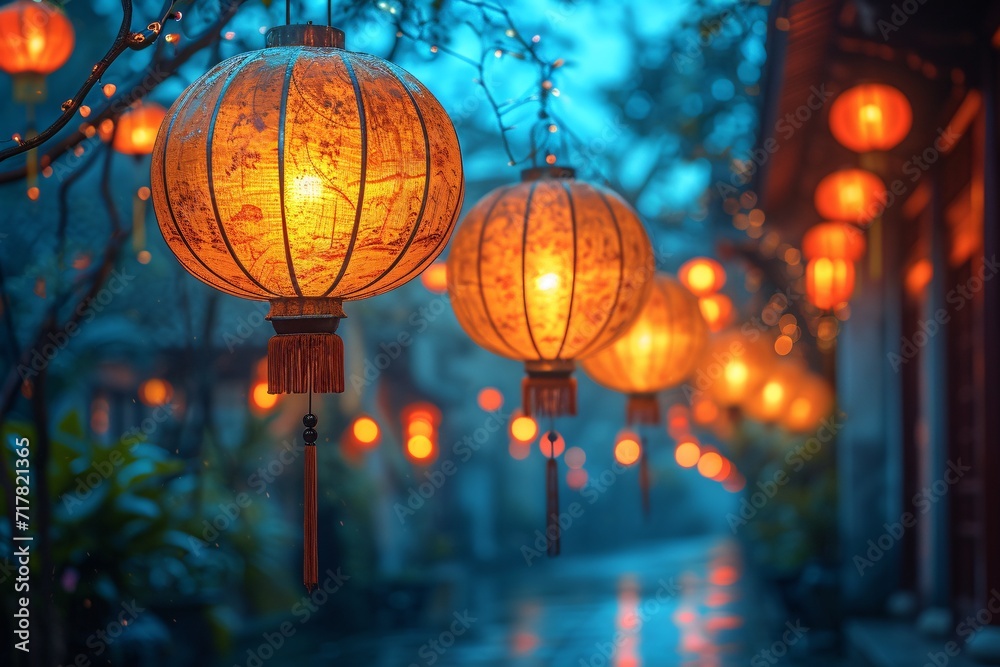Chinese Lanterns Hang in the Sky During the Lunar New Year Celebration Generative AI Chinese Lanterns Hang in the Sky During the Lunar New Year Celebration Generative AI