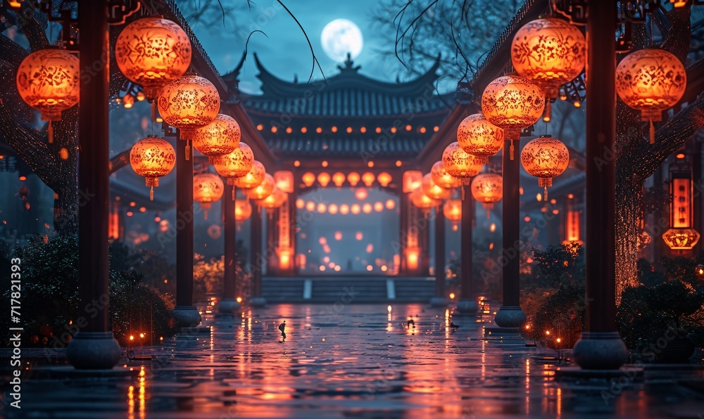 Chinese New Year Celebration: A Moonlit Night with Lights and Lanterns Generative AI