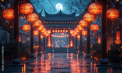 Obraz na płótnie Chinese New Year Celebration: A Moonlit Night with Lights and Lanterns Generativ