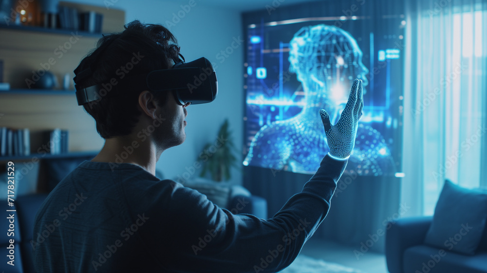 Man with a VR system on his head in a living room decorated in a futuristic style, ai generative