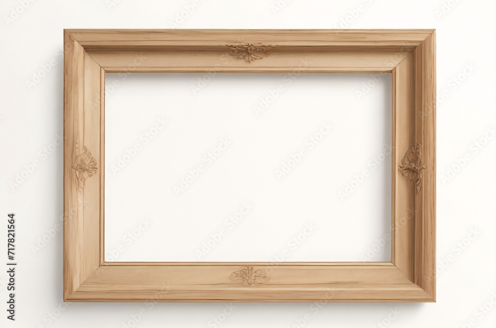Marco vertical rectangular fino de madera clara colgado en una pared con textura blanca, plano, vista superior, ilustración 3D. Marco vertical rectangular fino de madera clara colgado en una pared con textura blanca, plano, vista superior, ilustración 3D.