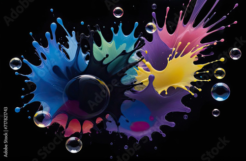 splashes of ink and colorful bubbles, on a black background