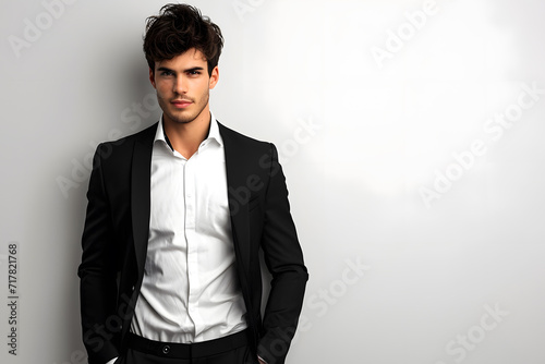 Handsome young man posing in suit on white background photo
