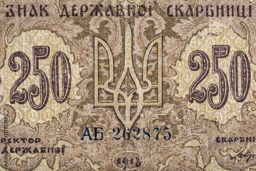 Vintage elements of old paper banknotes.Bonistics.Ukraine 250 hryvnia 1918.Fragment banknote for design purpose.