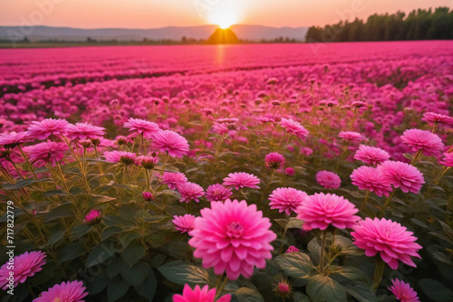 Close-up of a pink flower field with a beautiful sunset © Giuseppe Cammino