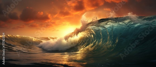 High waves at sunset over the sea