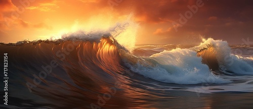 High waves at sunset over the sea