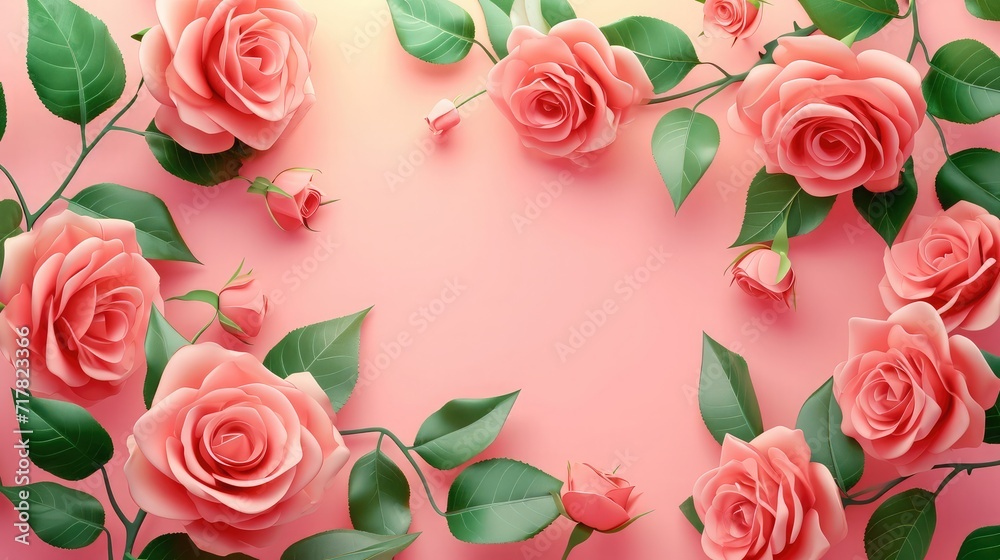 Rose flowers with green leafs on pink background