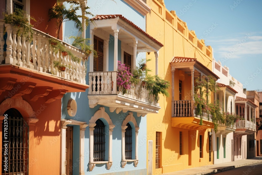 Historic houses with colourful balconies in Cartagena, photography
