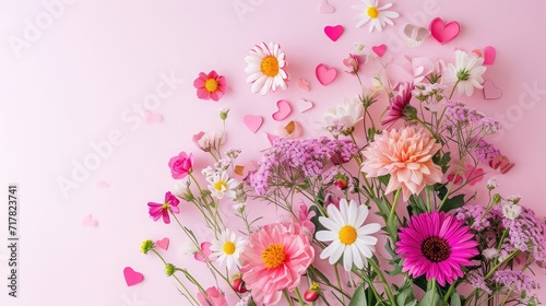 Bouquet of beautiful spring flowers and paper hearts on pastel pink table for Happy mothers day. Flat lay.