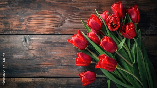 Bouquet of red tulips on a wooden background. Spring flowers. Mother s Day background.