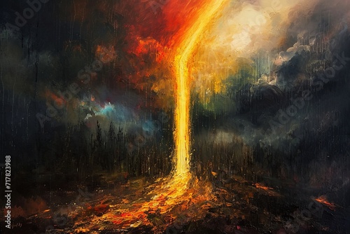 Oil painting of a wide vertical rainbow beam crashing to the ground from high in the sky and scorching the gound. close up view. black clouds. forest. fire.  photo