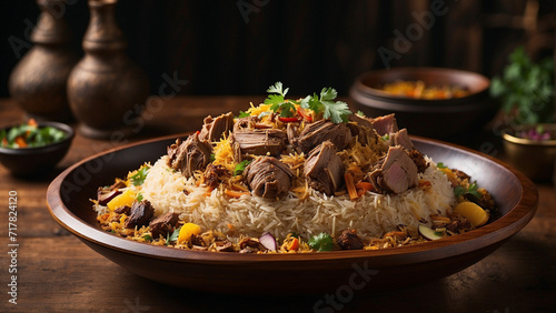 culinary experience with a side view of a traditional plate of lamb biryani wooden table serves as the canvas for this gastronomic masterpiece