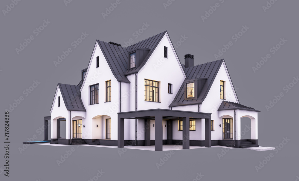 3d rendering of cute cozy white and black modern Tudor style house with parking and pool for sale or rent with beautiful landscaping. Fairy roofs. In evening Isolated on gray 3d rendering of cute cozy white and black modern Tudor style house with parking and pool for sale or rent with beautiful landscaping. Fairy roofs. In evening Isolated on gray