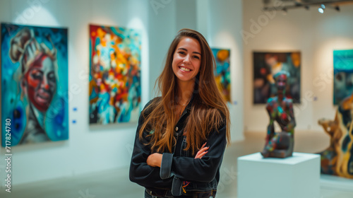 Confident artist in art gallery surrounded by vibrant paintings.
 photo