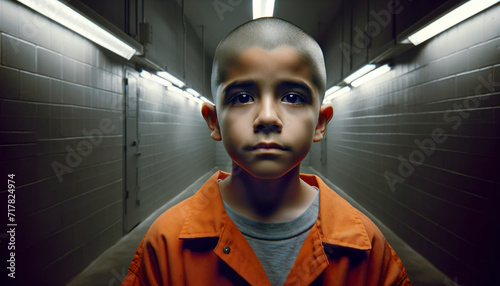 A Hispanic boy wearing a orange jumpsuit at a Juvenile detention facility. A total of 20% of youths in  juvenile facilities are Latinx, and they comprise 25% of all youth across the United States. photo