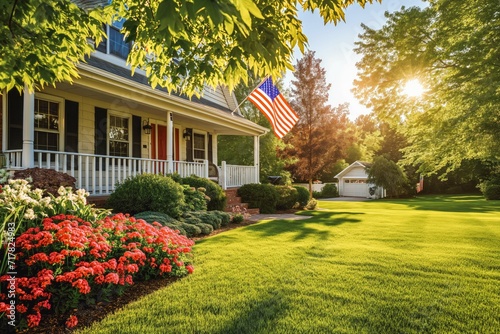 American flag on a american traditional house. Memorial day. The flag is flown on a national holiday.
