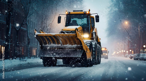Snow removal orange equipment in the city street. Snow truck tractor cleaning snowy road in snowstorm. Cleaning and clearing roads in the city from snow in winter. Snow removal after snowfalls and