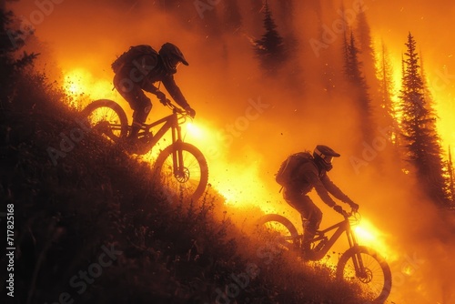 Two mountain bike riders at a mountain bike cross-country competition in the mountains
