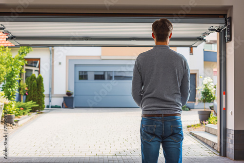 Automatic garage doors at home. Enormous automatic garage door, and a bricked driveway