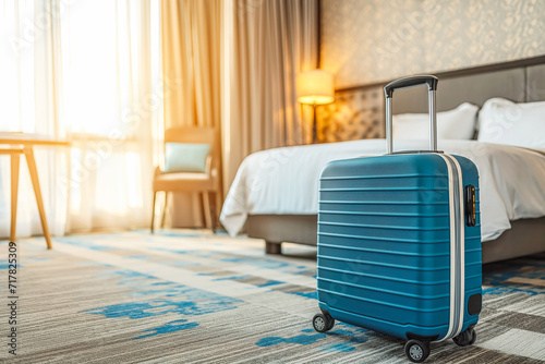 Beautiful modern hotel room and suitcase. Focus on suitcase. Guests are ready to leave the hotel.