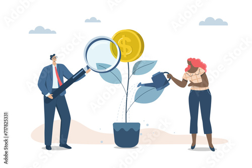 Financial growth or investment increases profits, Success or rewards are starting to issue coins, Businessmen search for ways to increase productivity and wealth, Woman watering growing money plant.