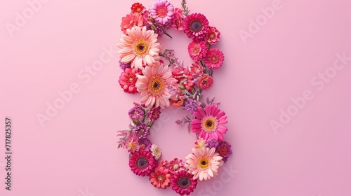 International Women's Day. Banner, flyer, beautiful postcard for March 8. Flowers in the shape of the number 8 on a pink background. © buraratn