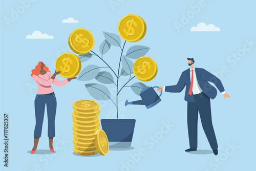 Successful investment, Growth or increased income from financial investments, Keeping money working to increase income, Business man and woman taking care of growing money plant and issuing coins.