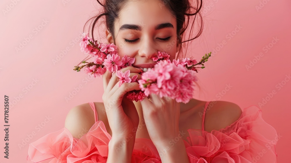 International Women's Day. Extremely happy woman in a bright pink dress is smelling a bunch of spring flowers, which she is holding in her hands.