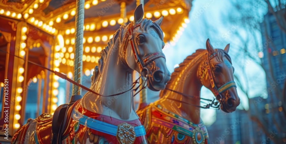 two horses on a carousel in the city,