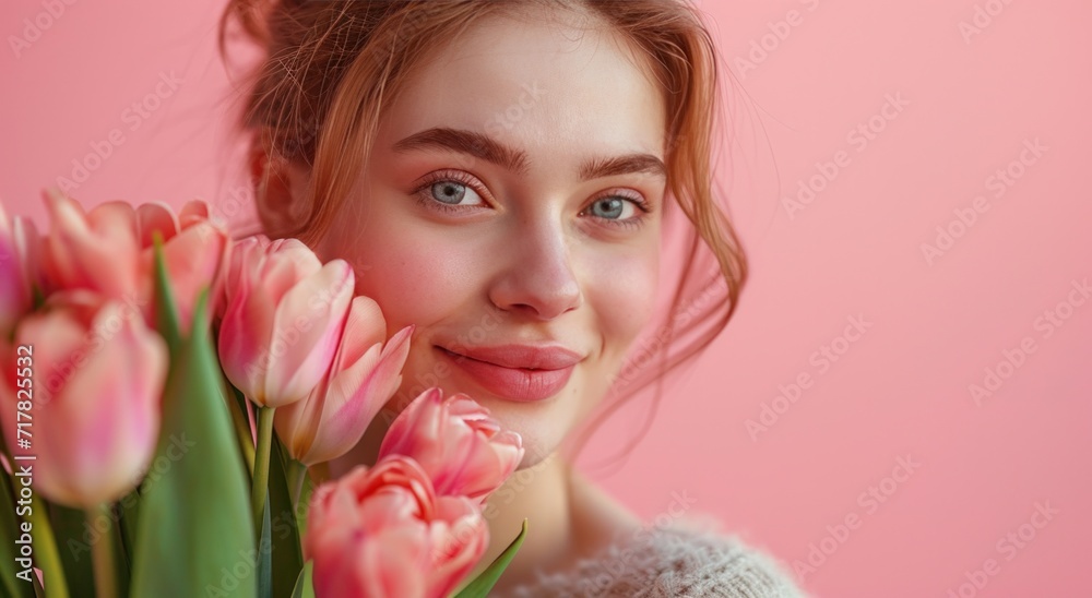 young beautiful woman holding beautiful bouquet of tulips