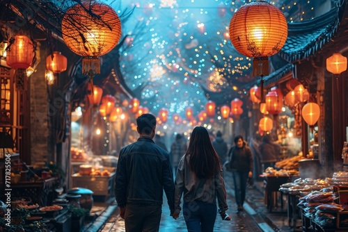 Chinese New Year Celebration: A Couple Strolls Through the Lights Generative AI