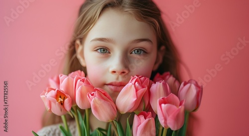 young girl holding bunch of pink tulips in front of pink background