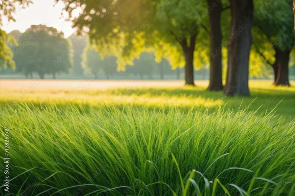 Close-up of the grass in the foreground, morning light in a park with green field and trees