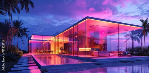 the futuristic modern glass and metal house is lit up with neon colored lights