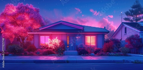 the house is lit up with a neon light