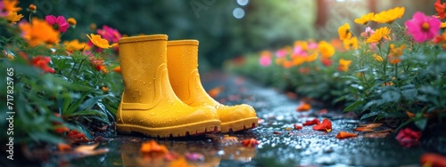 yellow wet boots on the path bordering colorful flowering bushes
