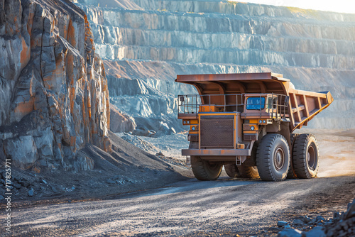 Dump truck and conveyor belt in the quarry. The tipper transports sand from the quarry to the warehouse.