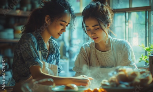 two women showing each other to help bake