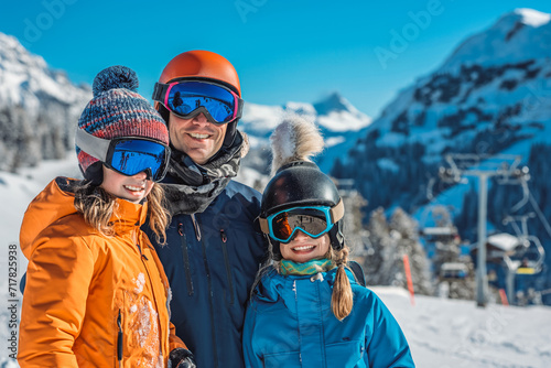 Family going to ski. Standing on the slopes. They love winter and winter sports, especially skiing.
