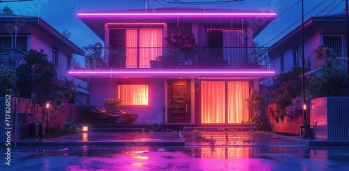 the house is lit up with a neon light